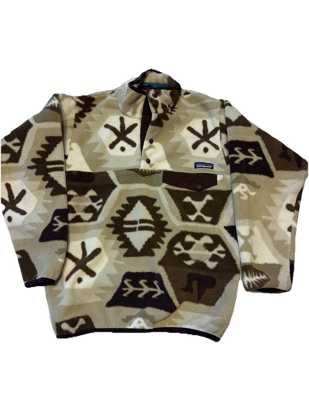 Patagonia Synchilla Snap T Fleece Sweater Mens XS Cream Brown Aztec Pullover